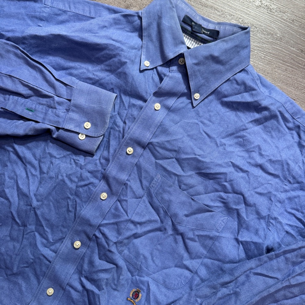 Vintage Tommy Hilfiger Shirt Mens L Blue 100% Cotton Oxford Y2K Crest OCBD VTG